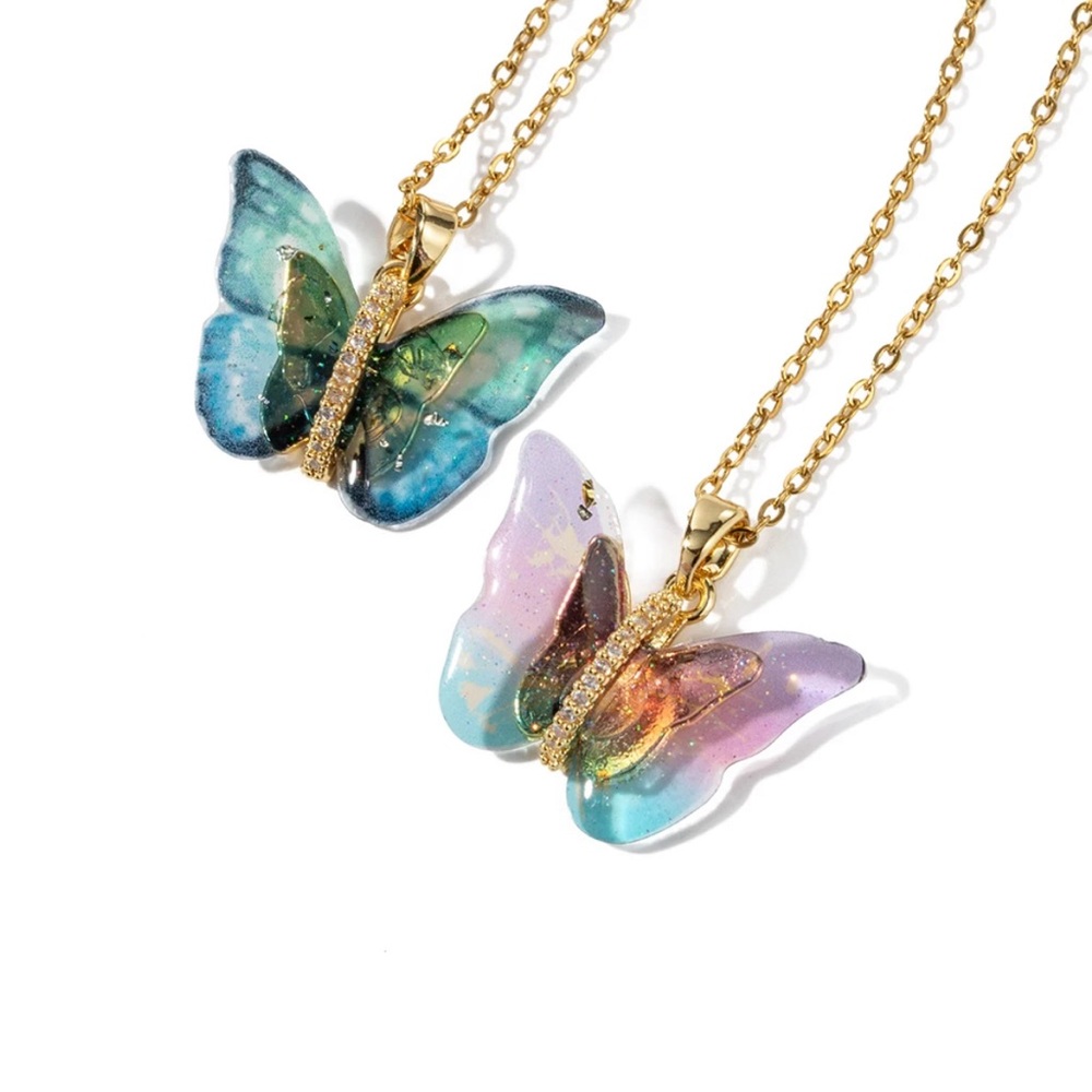 Gold Plated Butterfly Resin Pendant Necklace